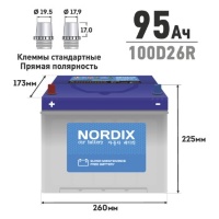 Аккумулятор Nordix 100D26R, 95 Ач, CCA 730А, необслуживаемый