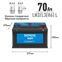 Аккумулятор Nordix LN3/L3(H6) L AGM, 70 Ач, CCA 760А, необслуживаемый