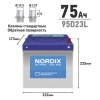 Аккумулятор Nordix 95D23L, 75 Ач, CCA 650А, необслуживаемый