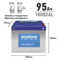 Аккумулятор Nordix 100D26L, 95 Ач, CCA 730А, необслуживаемый