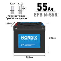 Аккумулятор Nordix EFB N-55R/70B24R, 55 Ач, CCA 460А, необслуживаемый