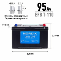 Аккумулятор Nordix EFB T-100/115D31L, 95 Ач, CCA 760А, необслуживаемый